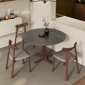 中古风岩板桌实木洽谈圆桌家用小户型圆形桌法式侘寂风餐桌椅组合