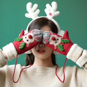 手套女冬季可爱韩版学生保暖加绒加厚棉毛绒防寒冬天挂脖卡通圣诞