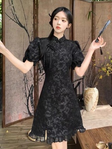 新中式立领泡泡袖黑色旗袍裙子夏季大码设计感显廋开叉提花连衣裙