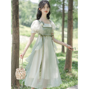 新中式汉元素国风方领连衣裙女夏季2024新款气质显瘦裙子超仙森系