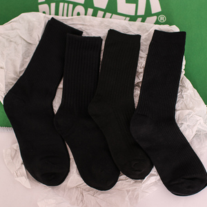 4双装纯黑色袜子男士四季款cityboy港风潮流运动中长筒袜堆堆袜棉