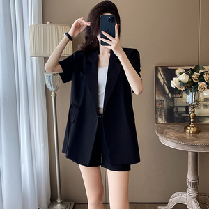 黑色短袖西装外套女夏季薄款职业气质休闲新中式国风短裤西服套装