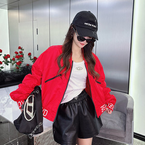 红色棒球服外套女美式飞行员夹克短款小个子韩版百搭洋气派克服潮