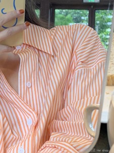 2024春季复古港味橘色条纹衬衫女学生叠穿休闲韩版宽松竖条纹衬衣