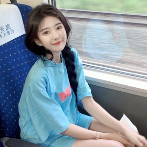 网红同款甜美减龄短袖t恤女2023夏季新款韩版天空蓝洋气chic上衣