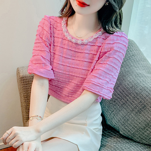 钉珠蕾丝短袖T恤女2024夏季韩版时尚甜美洋气漂亮小衫泡泡袖上衣