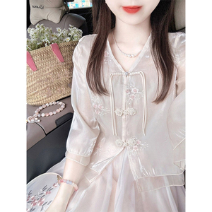 新中式女装国风清冷感穿搭禅意套装成人汉服旗袍粉色连衣裙子夏季