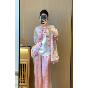 新中式女装国风高级感时尚粉色盘扣外套阔腿裤套装夏季穿搭一整套