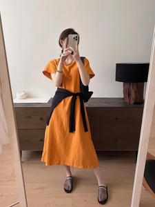韩国代购 显白橘子色露腰小设计T恤裙纯色小众宽松休闲短袖连衣裙
