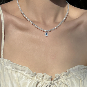 方糖家 春夏高级感珍珠纯银方糖蓝宝石吊坠项链精致轻奢小众颈链