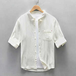 新中式五分袖亚麻衬衫男士短袖夏季高级感小领白色中袖棉麻料衬衣