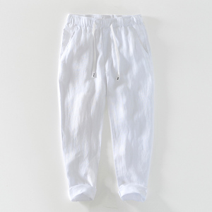 高级感亚麻裤男夏季薄款宽松直筒休闲裤麻布裤子抽绳白色棉麻男裤