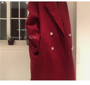 韩系茧形双面羊绒大衣女红色气质长款阔型宽松羊毛呢子外套反季23