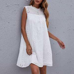 欧美夏季新品清新甜美白色圆领宽松镂空蕾丝钩花无袖连衣裙DRESS