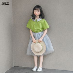 蔡爸爸童装新款夏季短袖上衣服 洋气女大童花边领绿色衬衫850+233