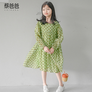 蔡爸爸童装小清新春装小个子女装波点裙子绿色少女长袖连衣裙1286