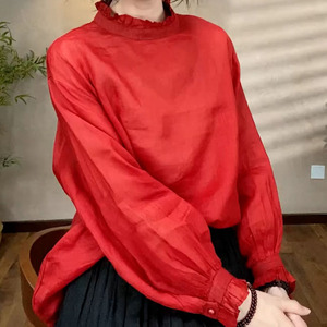 法式复古红色洋气上衣女春季宽松显瘦气质木耳领衬衫纯色百搭小衫