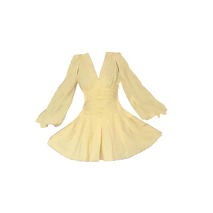 大码胖mm法式黄色v领长袖连衣裙女夏季气质褶皱收腰显瘦A字短裙子