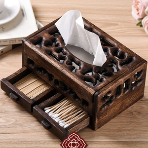 泰国进口多功能收纳纸巾盒实木餐巾纸抽纸盒中式客厅茶几复古商用