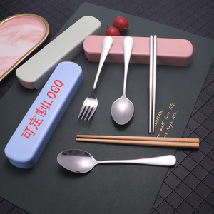 礼品定制印刷logo韩式不锈钢筷子勺子叉子餐具套装便携三件创意