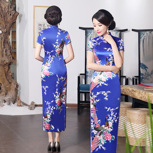 老上海丝绸旗袍长款复古气质2024年夏新款高开叉走秀演出日常可穿