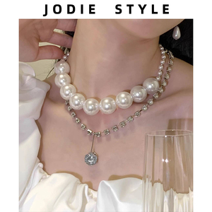 韩国多层小众时髦欧美满钻夸张大小珍珠锁骨链缠绕多种戴法项链女