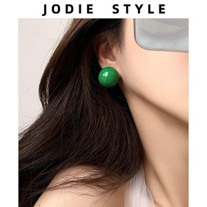 法式摩登复古圆球耳环夸张气质圆形耳钉银针绿色圆形潮耳饰女时尚