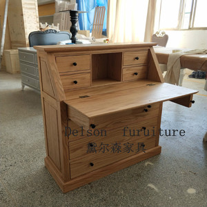 美式实木原木色斗柜翻盖电脑书桌折叠写字台法式化妆梳妆台一体桌