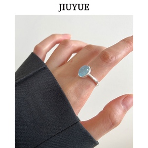 s925纯银夏季海蓝宝石水晶戒指女开口可推拉设计感气质时尚食指环