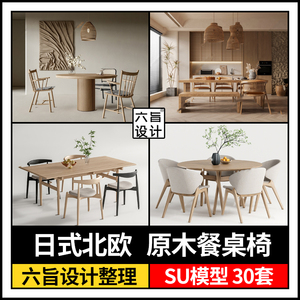 草图大师2023家装日式北欧风格原木餐桌椅组合家具摆件单体SU模型