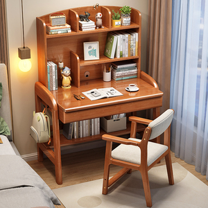 小户型书桌书架一体卧室床头电脑桌简约家用办公桌实木儿童学习桌