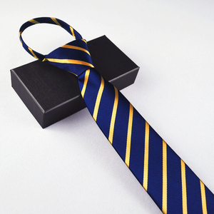 领带男正装商务7CM英伦韩版休闲学生深蓝黄色条纹懒人领带拉链式