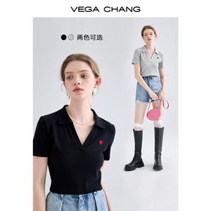 VEGA CHANG爱心针织t恤女2024夏款设计感polo领法式短袖提花上衣