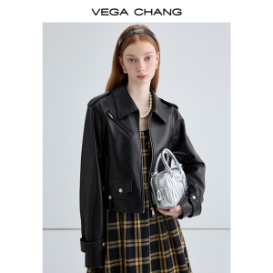 VEGA CHANG黑色皮衣女2024年春季新款英伦风酷飒机车皮夹克短外套