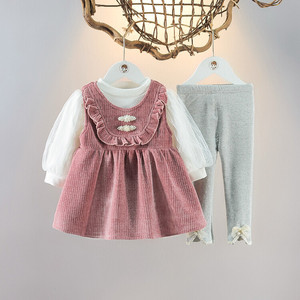 春秋韩版女孩连衣裙套装1-2-3-4岁女宝宝洋气条绒背带三件套婴.儿