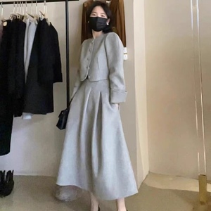韩国东大门2023冬双面100羊毛大衣两件套短款上衣伞裙羊绒套装