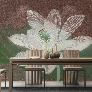 现代中式白莲花客厅电视背景墙纸轻奢装饰壁纸来图定制大型壁画