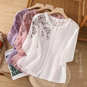 夏季女装文艺复古苎麻小衫花边领口肩膀绣花纯色开衫衬衫上衣T恤