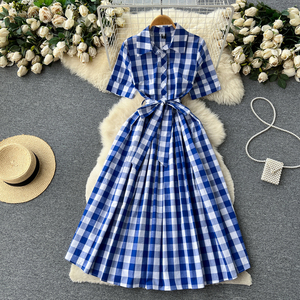 小众设计风格子衬衫系带连衣裙女夏季收腰法式复古小个子桔梗裙，