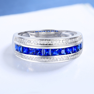 天然蓝宝石戒指女18K白金镶嵌钻石半圈排戒彩色宝石珠宝首饰现货