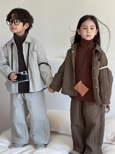 儿童秋冬款加厚棉衣套装2023新款韩版男女童加棉衬衫棉裤两件套潮