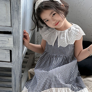 女童夏款甜美蕾丝领公主裙2024儿童韩版洋气格子花边无袖连衣裙潮