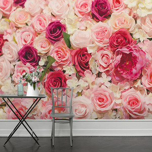 3D粉色温馨玫瑰花朵墙纸婚礼客厅装饰卧室背景墙立体壁画壁纸墙布