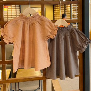日系 棉麻四色 素净 女童儿童 夏季新款纯色短袖衬衫 弹力套头D4