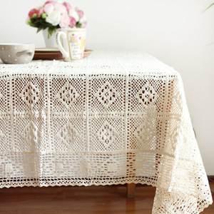 田园白色蕾丝棉线餐桌布 北欧针织镂空茶几布盖巾 冰箱长方形盖布