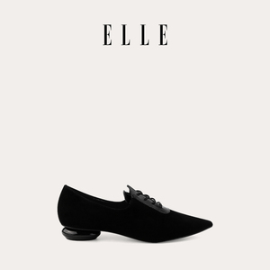 ELLE女鞋黑色法式小皮鞋气质百搭真皮深口尖头低跟单鞋