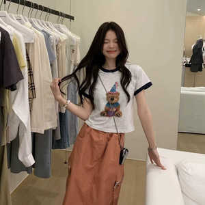 pearl 现货~韩国2024夏款女生日小熊图案短袖T恤+橘色半身裙套装