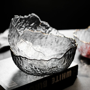 日式金边大号透明玻璃碗家用水果盘子甜品碗蔬菜沙拉碗碟套装餐具