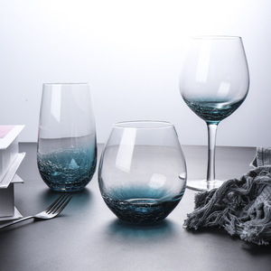 渐变蓝冰裂纹高脚杯红酒杯套装家用酒具慕斯杯玻璃水晶杯葡萄酒杯