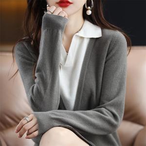 韩版时尚假两件羊毛衫女100%纯羊毛V领百搭羊绒衫鸡心领短款毛衣